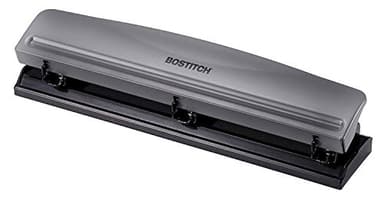 Bostitch Office Premium 3 Hole Punch, 12 Sheet Capacity, Metal, Rubber Base, Easy-Clean Tray, Silver, Gray - Image 1