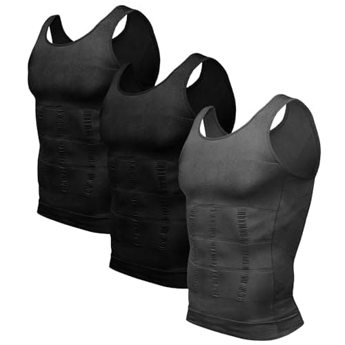 Odoland Men's 3 Pack Body Shaper Base Layer Shirt Tummy Shirt, Black/Black/Grey, M - Image 1