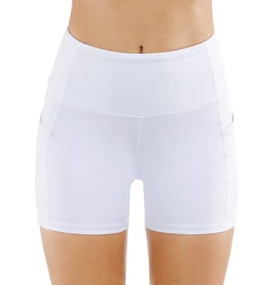 THE GYM PEOPLE High Waist Yoga Shorts for Women Tummy Control Fitness Athletic Workout Running Shorts with Deep Pockets (Large, White) - Image 4