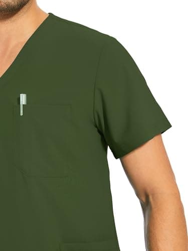 COZYFIT Men's Scrubs Set - Stretch V-Neck Top & Jogger Pant with 8 Pockets, Yoga Waistband, Anti-Wrinkle Scrubs - Army Green, M - Image 4