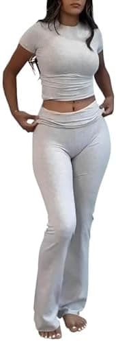 AYWA Women's 2 Piece Lounge Sets Short Sleeve Crop Top Foldover Flare Pants Casual Pajama Outfits - Image 3