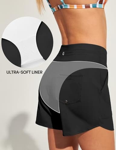 IUGA Womens 5" Swim Board Shorts Stretchy High Waisted Beach Shorts for Women Quick Dry UPF 50+ Swimsuit Bottoms with Liner Black - Image 3
