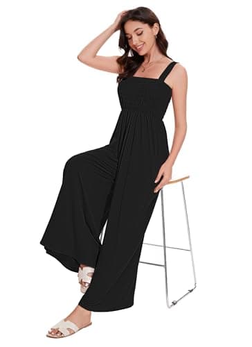 LOZ Black Jumpsuit for Women Ruched Casual One Piece Flowy Sleeveless Overalls Dressy Stretchy Loose Rompers Elegant Square Neck Summer Wide Leg Long Pants with Pockets 2025 M - Image 6