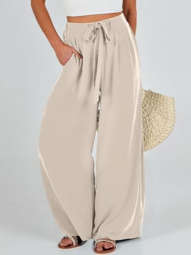 Caracilia Women Wide Leg Palazzo Pants Summer High Waist Flowy Casual Trousers Loose Lounge Beach Travel Vacation Clothes Apricot Medium - Image 2