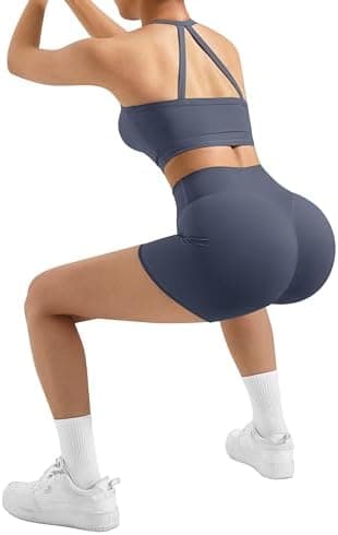 SUUKSESS Women 2 Piece Workout Sets High Waisted Tummy Control Biker Shorts Halter Padded Tank Tops - Image 5