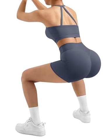 SUUKSESS Women 2 Piece Workout Sets High Waisted Tummy Control Biker Shorts Halter Padded Tank Tops Racerback Sports Bras (Navy Blue, L) - Image 3