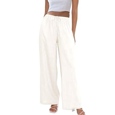 Duyang Womens Cotton Linen Palazzo Pants Drawstring Elastic Waist Casual Wide Leg Trousers with Pockets(Apricot,S) - Image 1