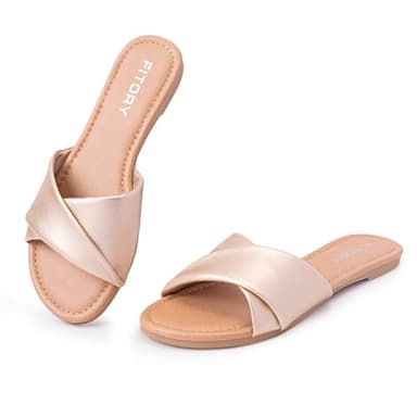 FITORY Women's Flat Sandals Fashion Slides With Soft Leather Slippers for Summer Gold Size 9 - Image 1