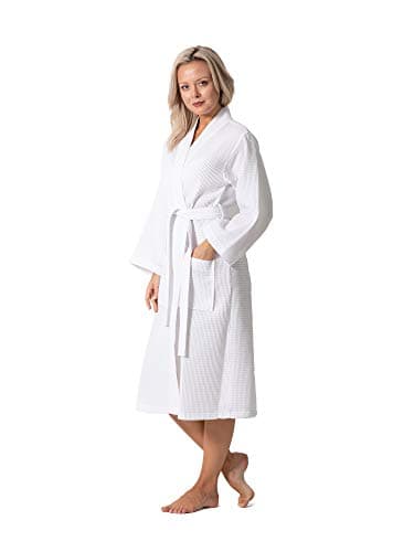 Turkish Linen Waffle Knit Lightweight Kimono Spa & Bath Robes for Women - Quick Dry - Soft (White, Large) - Image 2