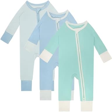 Gaiibbt 3PACK Baby Rompers Footless 2 Way Zipper Long Sleeve Pajamas aqua green+Lake Water Blue+Grey Orchid 12-18 M - Image 1