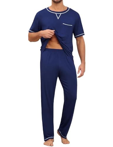 SWOMOG Mens Pajamas Set Modal Short Sleeve Sleepwear Crew Neck Pjs 2 Piece Loungewear Nightshirt Top & Pants with Pockets Navy Blue Large - Image 3