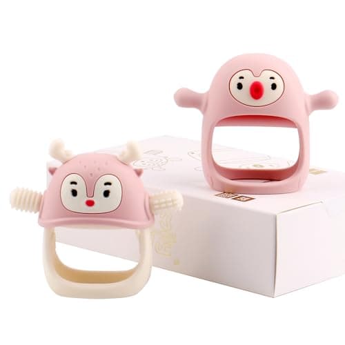 Smily Mia Teething Toys for Babies 0-12 Months, Penguin and Reindeer Baby Gift Set, Chew Toys 3M+, Hand Teether Set, Light Pink - Image 1