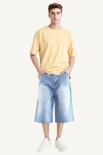 GINGTTO Mens Baggy Jorts Y2k Long Jean Shorts for Men 90s Wide Leg Denim Shorts Men Loose Light Blue 40 - Image 7