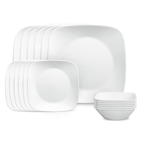 Corelle Vitrelle 18-Piece Service for 6 Square Dinnerware Set Triple Layer Glass and Chip Resistant, Lightweight Square Plates and Bowls Set, Pure White - Image 1