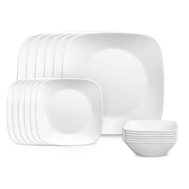 Corelle Vitrelle 18-Piece Service for 6 Square Dinnerware Set Triple Layer Glass and Chip Resistant, Lightweight Square Plates and Bowls Set, Pure White - Image 1