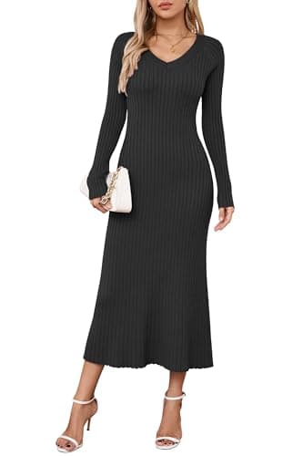 Arach&Cloz 2025 Spring Womens V Neck Long Sleeve Sweater Dress Ribbed Knit Slim Fit Midi Dress Fashion Clothes Black - Image 1