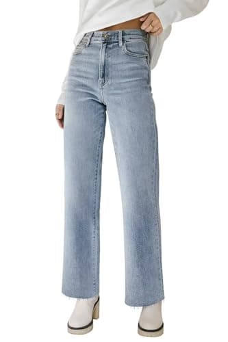 KDF Straight Leg Jeans for Women High Waisted Jeans Frayed Baggy Pants Raw Hem Loose Stretchy Cropped Wide Leg Jeans Light Blue Size 16 - Image 1