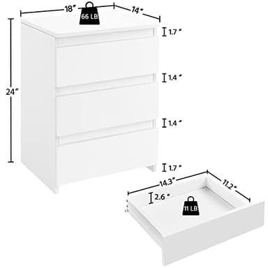 Yaheetech Nightstand with 3 Drawers, Wooden Bedside Table with Storage, Small Bedside Storage Cabinet Unit with Sturdy Base for Bedroom/Small Space, White - Image 3
