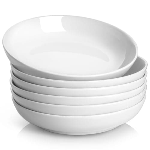 Y YHY Pasta Bowls, 30oz Salad Bowls White Soup Bowls Large Pasta Serving Bowl Porcelain Pasta Plates Wide and Shallow Bowls Set of 6 Microwave Dishwasher Safe Valentines Day Gift - Image 1