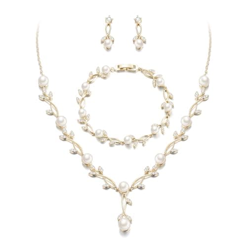 EVER FAITH Wedding Jewelry Sets for Bride, Gold Plated White Cubic Zirconia Simulated Pearl Leaf Filigree Bridal Party Necklace Earrings Bracelet Set for Women - Image 1