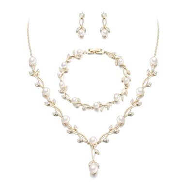 EVER FAITH Wedding Jewelry Sets for Bride, Gold Plated White Cubic Zirconia Simulated Pearl Leaf Filigree Bridal Party Necklace Earrings Bracelet Set for Women - Image 1