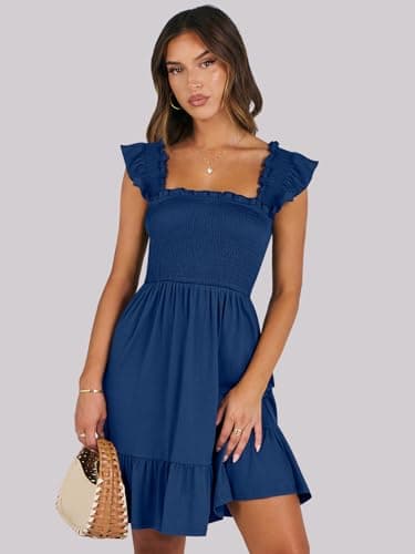 ANRABESS Women's Summer Casual Sleeveless Square Neck Dress 2025 Smocked Ruffle Backless Boho Beach Cute Teen Short Sundress Sea Blue Small - Image 9