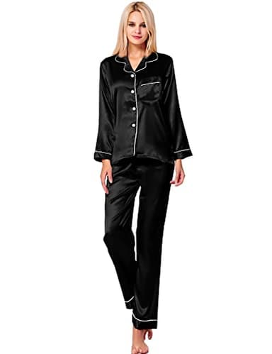 SWOMOG Womens Silk Satin Pajamas Long Sleeve Loungewear Two-piece Sleepwear Button-Down Pj Set (Large, Black) - Image 3