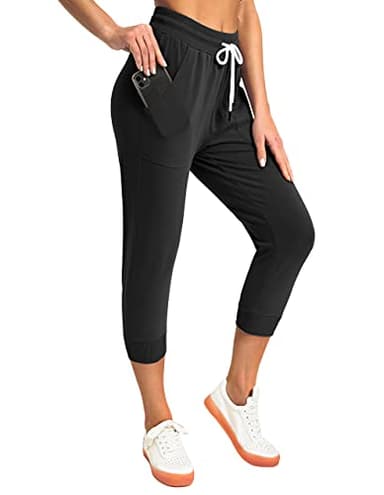 SPECIALMAGIC Women's Sweatpants Cropped Jogger French Terry Running Pants Lounge Loose Fit Drawstring Waist with Side Pockets Black XL - Image 4