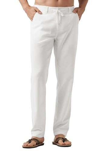 Willit Men's Linen Pants Casual Linen Dress Pants Drawstring Beach Summer Lightweight Trousers White 30W x 30L - Image 1