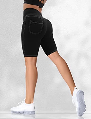 VOOVEEYA 5"/8" High Waisted Yoga Biker Shorts with Pockets for Women - Butt Lifting Workout Spandex Booty Gym Shorts(Black-XL) - Image 5