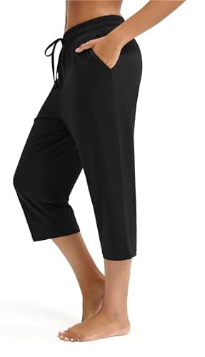 Maxbee Capri Pants for Women Drawstring Workout Sweatpants Comfy Lounge Elastic Waist Yoga Pants Black - Image 1