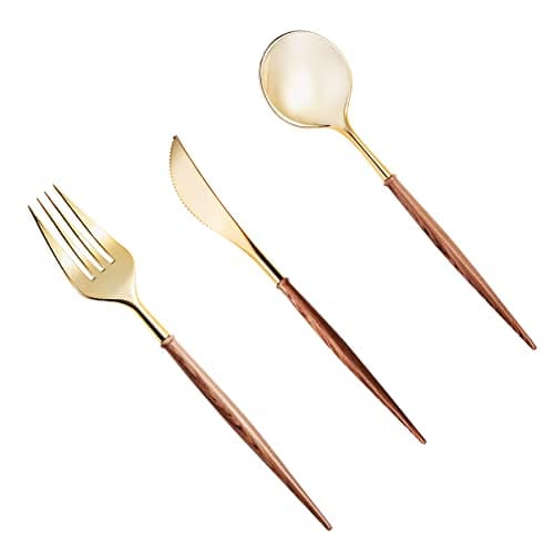 Lullaby 120PCS Gold Plastic Silverware, Gold Disposable Cutlery with Wood Grain Handle Include 40 Forks, 40 Spoons, 40 Knives, Elegant Disposable Silverware for Wedding, Party, Gathering, Daily Use - Image 1