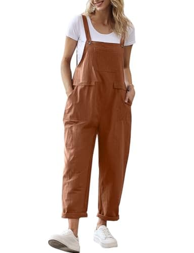 YESNO Women Long Casual Loose Bib Pants Overalls Baggy Rompers Jumpsuits with Pockets PV9 (L PV9 Coffee) - Image 1