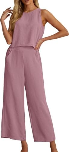 IWOLLENCE Women's Summer 2 Piece Outfits Set Round neck Sleeveless Tank Crop Top Wide Leg pants Set Pockets Jumpsuits Pink Small - Image 1