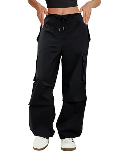 COPYLEAF Cargo Pants Women Low Waisted Parachute Pants with Pockets Loose Baggy Hiking Pants Y2K Clothes Black - Image 1