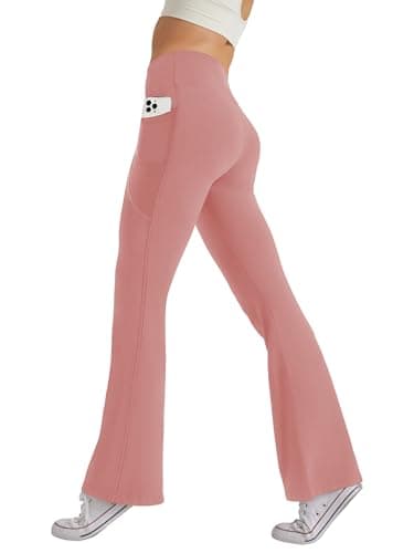 SEAJOJO Women's High Waist Flare Yoga Pants Tummy Control Casual Bootcut Leggings with Side Pockets Pink - Image 1