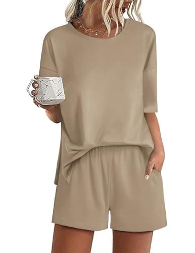 Ekouaer Pajamas for Women Set 2 Piece PJ Soft Comfy Lounge Sets Short Sleeve Tops Shorts Sets Cotton Sleepwear,L Khaki - Image 1