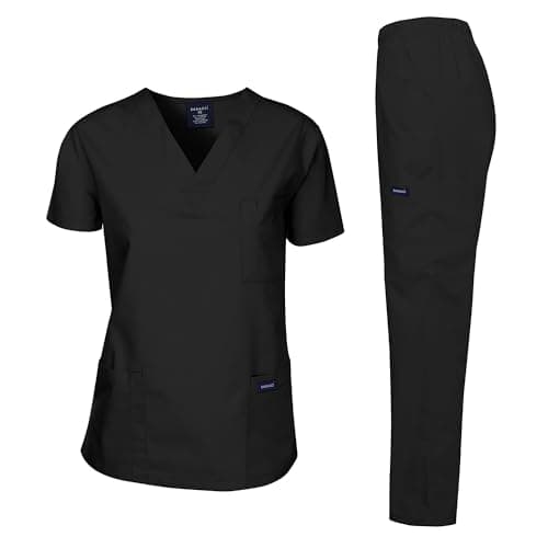 Dagacci Medical Uniform Womens and Mens Scrub Set Unisex Medical Scrub Shirt Top and Pant, Black, X-Small - Image 1