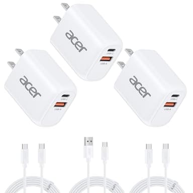 Acer USB C Charger Block, 3-Pack 20W Dual Port Type C Fast Charging, Wall Plug Adapter with 3-Pack 6.6FT Fast Power Cables Compatible with iPhone 16/15/ iPad Pro/ Air/ AirPods, iwatch, Galaxy - Image 1