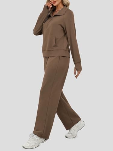 Casly Lamiit 2 Piece Outfits for Women 2025 Trendy Long Sleeve Top Wide Leg Sweatpants Fall Loung Sets Travel Clothes Athletic Suit Brown L - Image 3