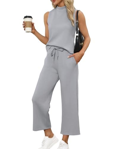 SAMPEEL Two Piece Set for Women Summer Outfits Vacation Trendy Lounge Sets Mock Neck Matching Sets Women Clothing Wide Leg Crop Pants Set - Image 1