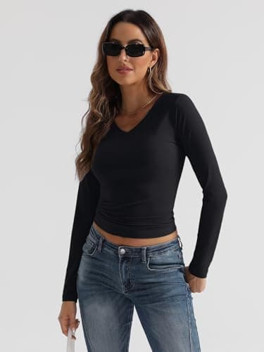 Trendy Queen Long Sleeve Shirts for Women 2025 Early Fall Fashion Crop Tops for Women V Neck Casual Basics Slim Fitted Y2K Cute Dress Tops Outfits Clothes Blouses Black S - Image 4