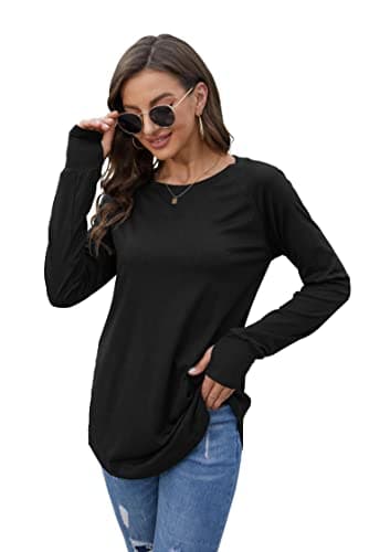 Fisoew Women's Casual Long Sleeve Tops Crew Neck Round Hem Loose T-Shirts Tunic Tops with Thumb Holes Black - Image 4