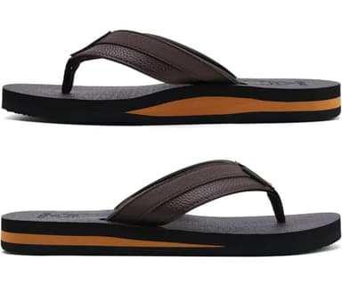 KuaiLu Men's Leather Flip Flops Arch Support Summer Beach Pool Water Thong Sandals Waterproof Rubber Walking Shoes Slip on Orthotic Casual Sport Cushioned Wide Slides Shower Slippers Brown Size 12 - Image 8