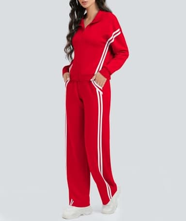 Casly Lamiit Women's Athletic Clothing Sets 2 Piece Lounge Outfits Track Sweatsuit 2-Stripes Sweatshirt Wide Leg Pants Airport Travel Activewear Red S - Image 2