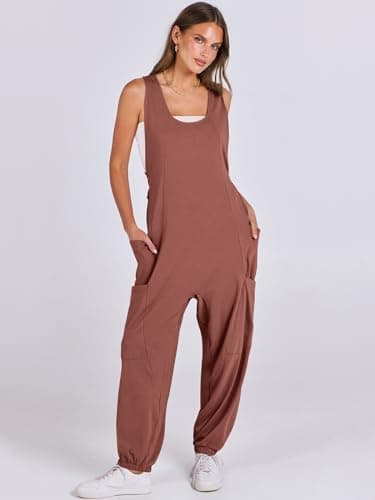 ANRABESS Women Overalls Jumpsuits Loose Casual Dressy Sleeveless Baggy Harem Pants Romper Jumpers 2025 Trendy Summer Outfits Caramel Large - Image 2
