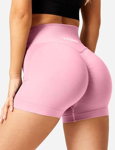 YEOREO Women Scrunch Workout Shorts Butt Lifting 3.5" V Cross Waist Amplify Shorts Gym Shorts Light Pink M - Image 3