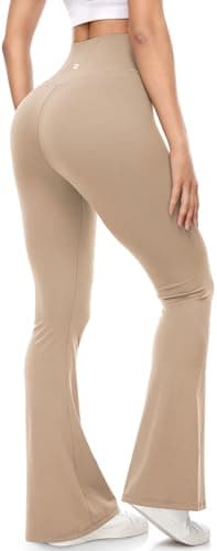 UEU Flare Leggings for Women, V Crossover High Waisted Yoga Pants, Tummy Control Bootcut Wide Leg, 33" Inseam, Khaki XL - Image 3