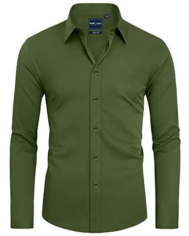 Alimens & Gentle Slim Fit Dress Shirts for Men Long Sleeve Stretch Stain Proof Wrinkle Free Button Down Shirts Formal Shirts Army Green - Image 1