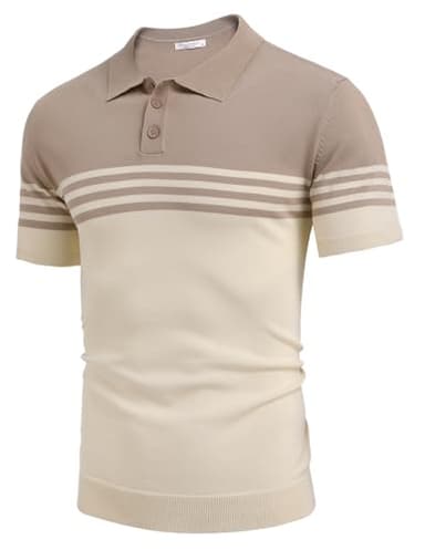 COOFANDY Mens Striped Polo Shirts Short Sleeve Striped Textured Pullover Golf Polo T Shirts, Khaki and Beige, X-Large - Image 3